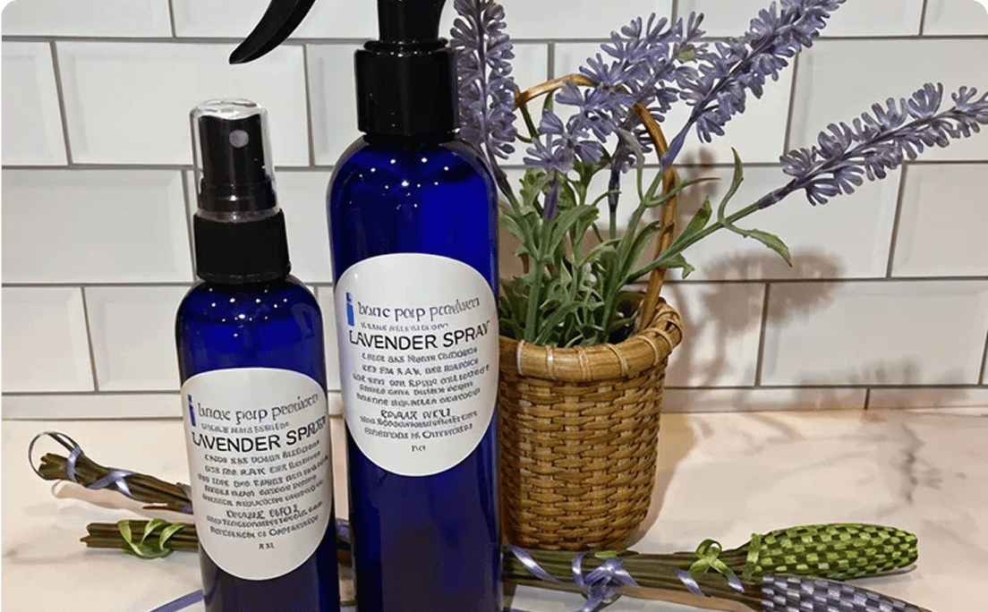 Lavender skincare products with a potted lavender plant.