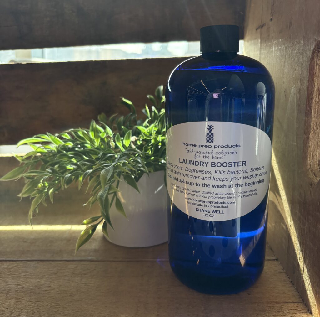 Blue laundry booster bottle beside potted plant